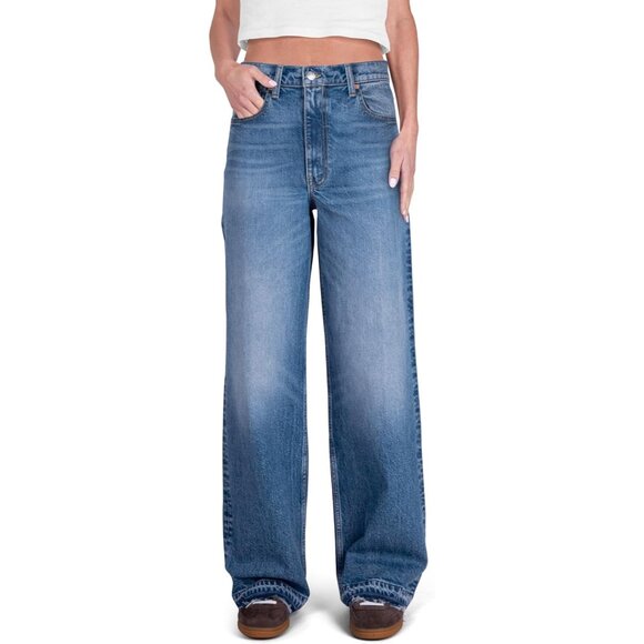 Denim - Women High Rise Loose Straight Jeans Light Blue Cotton Elastane Zipper